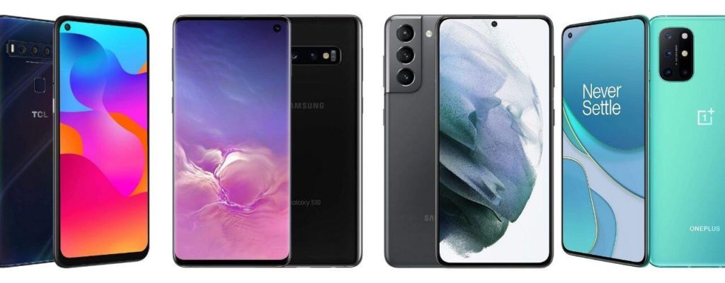 4 differnt phones by Samsung, TCL and Oneplus shown front and back