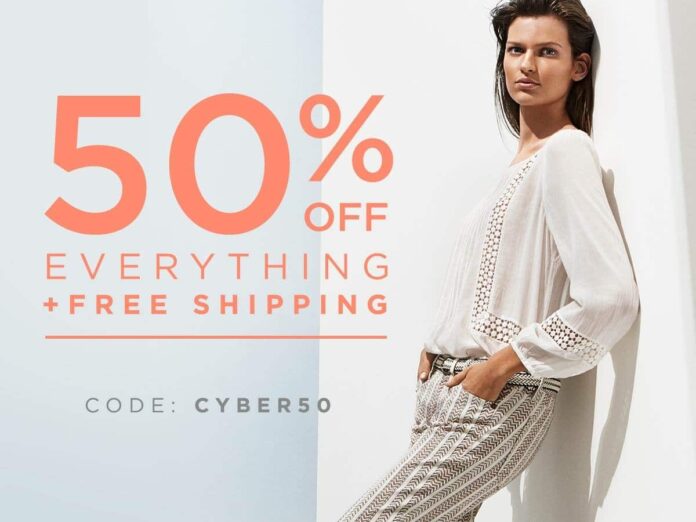 Ann Taylor Loft sale banner mentions 50% off sitewide, showing a model (woman) wearing sleek tan trousers and a white peasant top