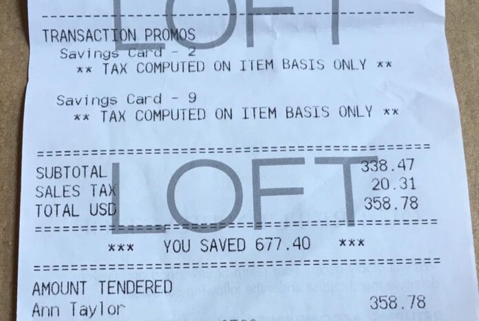 An Ann Taylor Loft Receipt showing over $600 in savings from the regular item prices. This customer saved almost double what they spent!