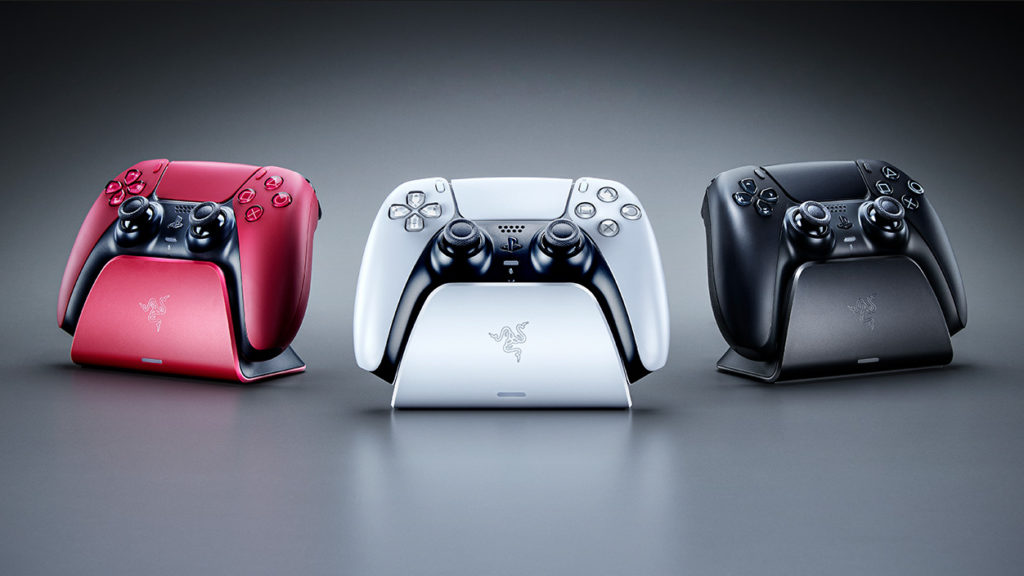 Razer Quick Charging Stand for PS5 controller show in three colors: Red, White & Black