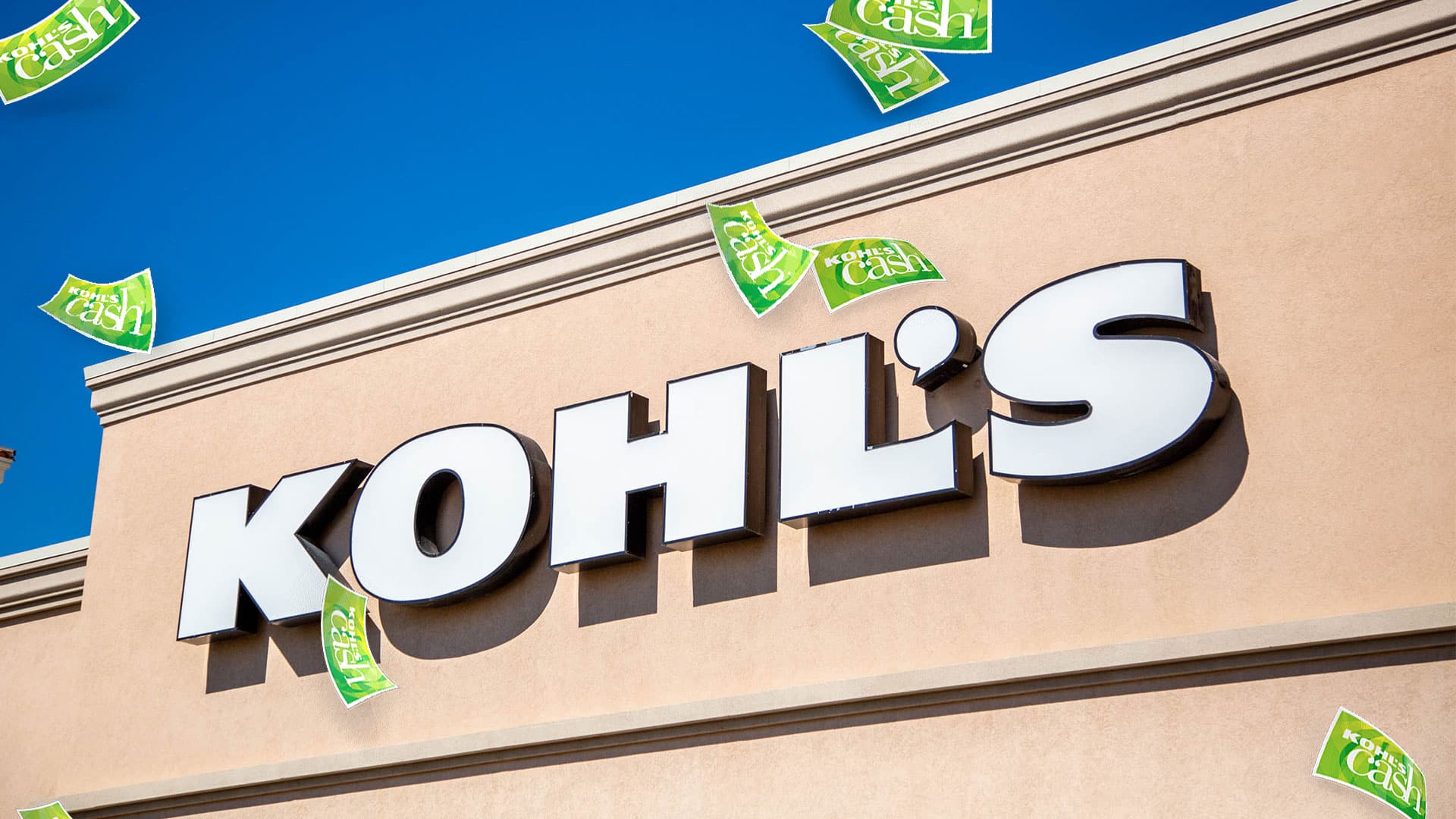 Kohl's Storefront sign with kohl's cash raining down.