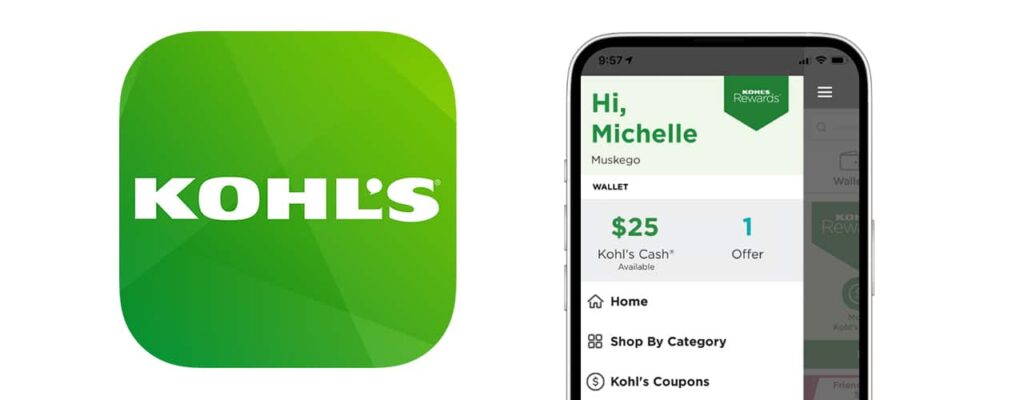 Kohl's App icon in green on the left with image of Kohl's Cash rewards under profle in the main menu on the mobile app