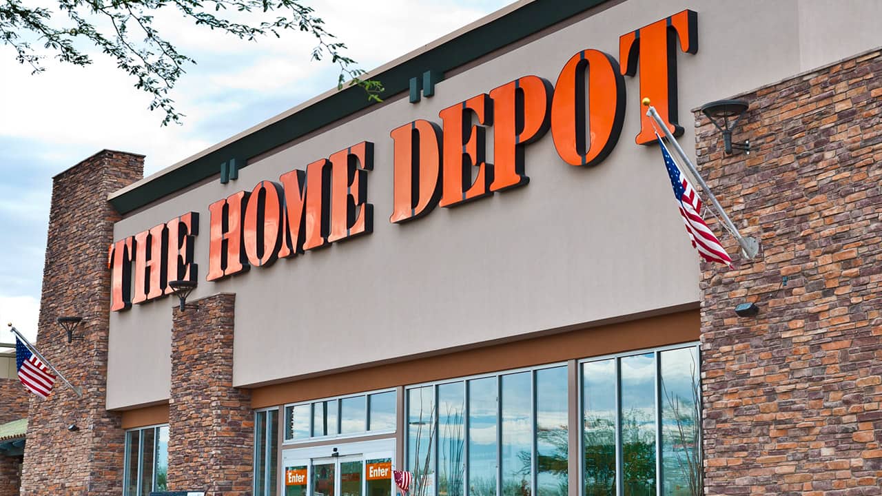 Home Depot storefront with USA flags